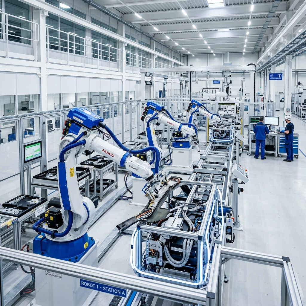 Robots industriales de ClawFlex.cyou ensamblando partes